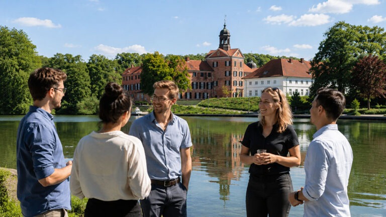 Offsite Holsteinische Schweiz: Team im Gespräch am Seeufer vor einem historischen Schloss in Eutin, sommerliche Atmosphäre.